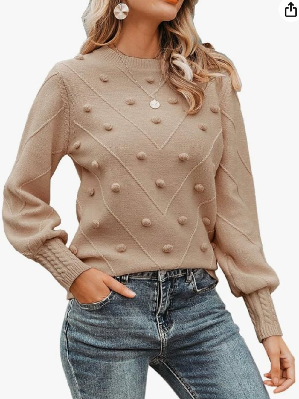 Crew Neck Sweater Long Puff Sleeve Pompom  Detail